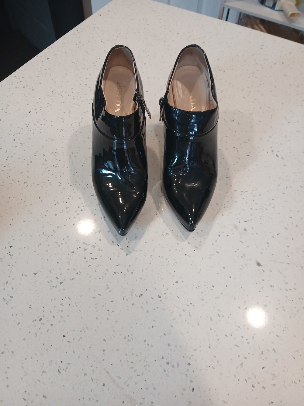 Prada Black Patent Leather Ankle Boots Size 37.5M